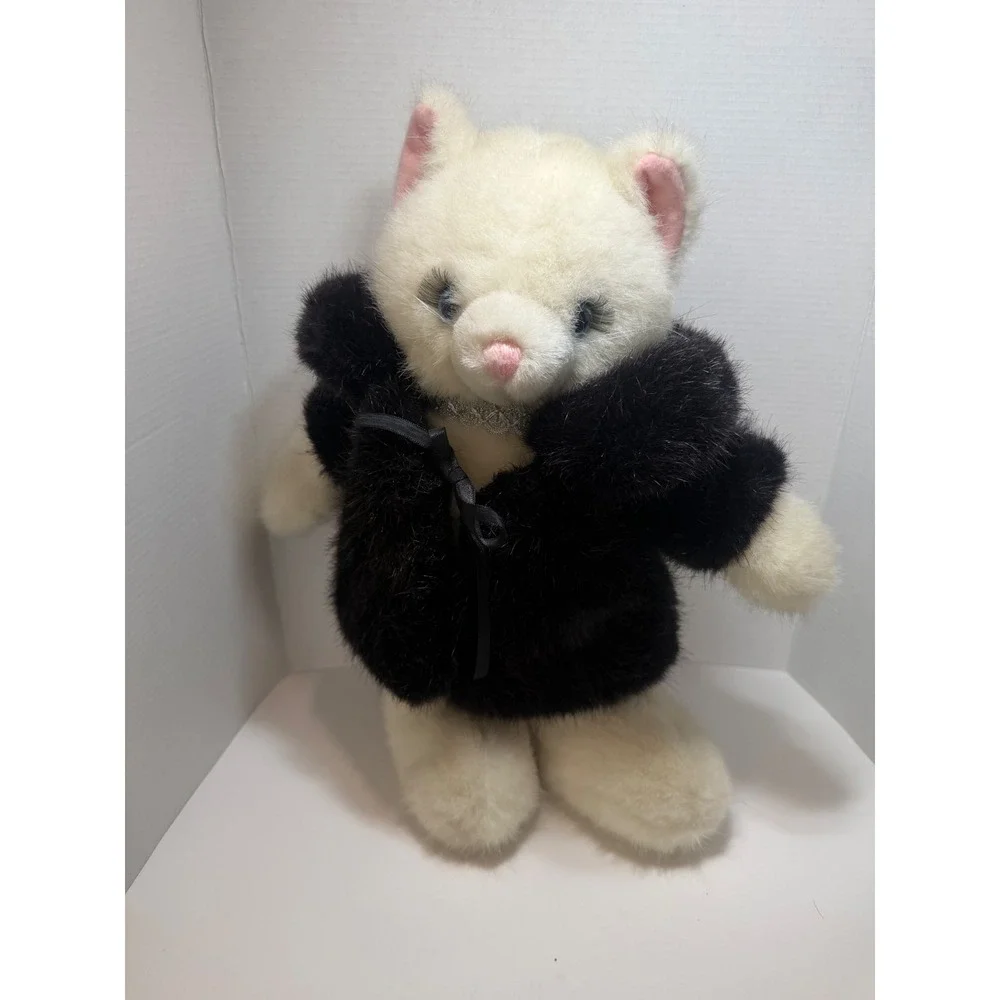 Vintage Russ Berrie Jennifer White Cat Plush Black Faux Fur Coat Eyelashes Korea